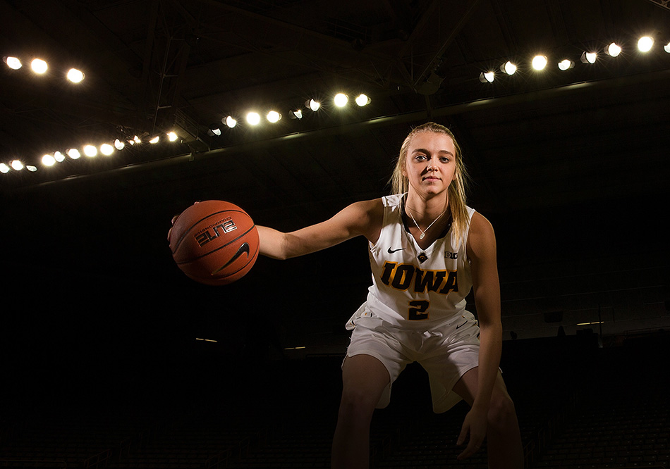 Iowa guard Ally Disterhoft (2) dribbles a basketball at Iowa Women's Basketball Media Day at Carver-Hawkeye Arena in Iowa City on Thursday, Oct. 29, 2015. (Adam Wesley/The Gazette)