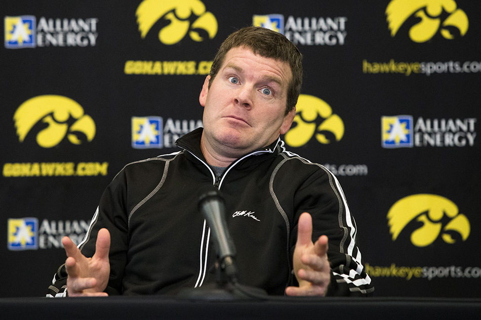 Head coach Tom Brands speaks at his press conference at Iowa Wrestling media day at Carver-Hawkeye Arena in Iowa City on Thursday, Nov. 5, 2015. (Adam Wesley/The Gazette)